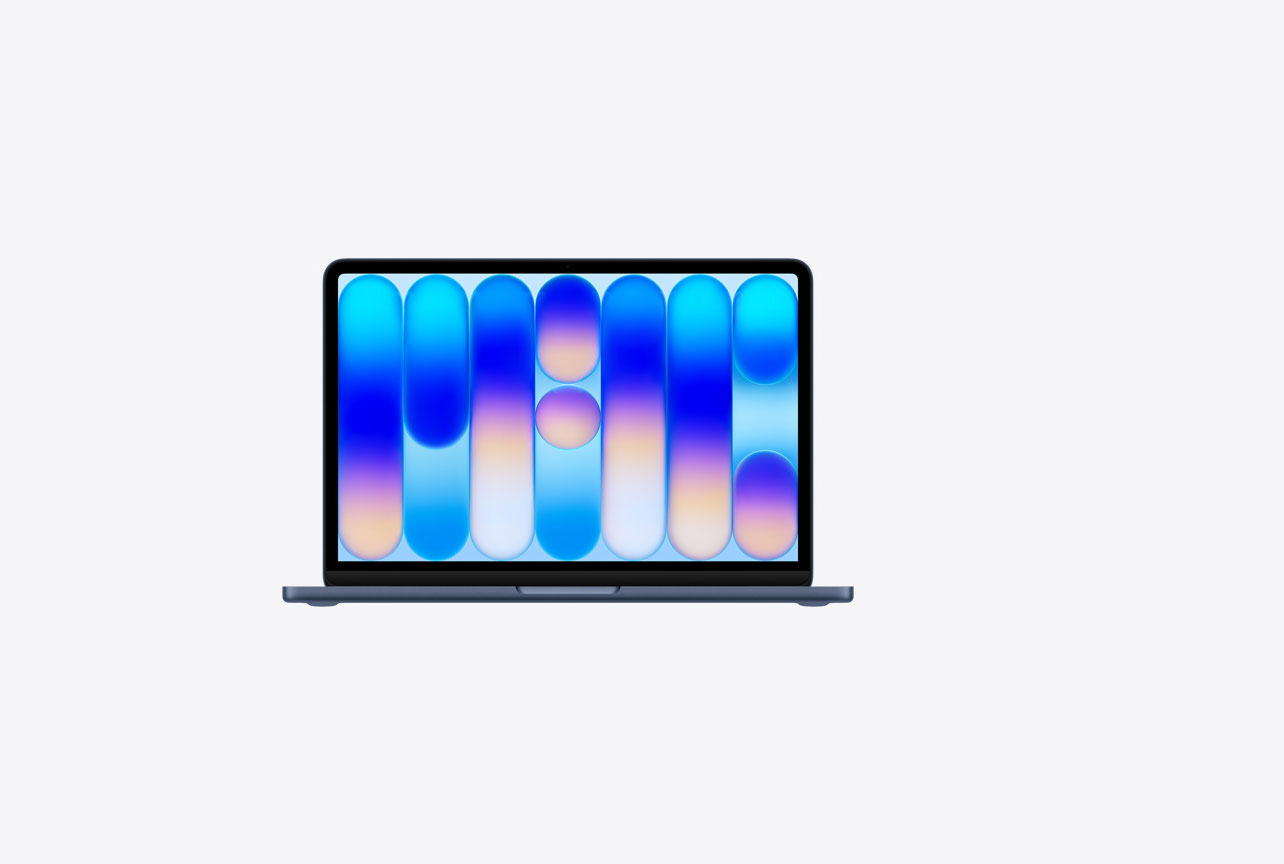 MacBook Neo, open, indigo color, colorful abstract wallpaper